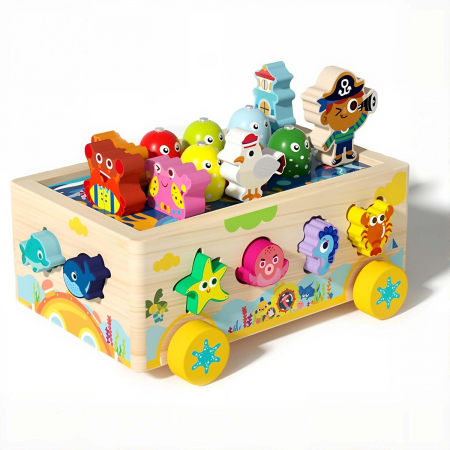 Jucarii - Jucarie Montessori din lemn – Masina de pescuit magnetica si sortare forme, tema oceanica