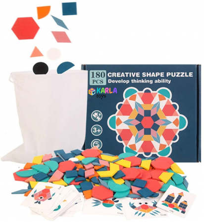 Jucarii Copii - Joc Creativ Puzzle din Lemn Tangram 180 piese