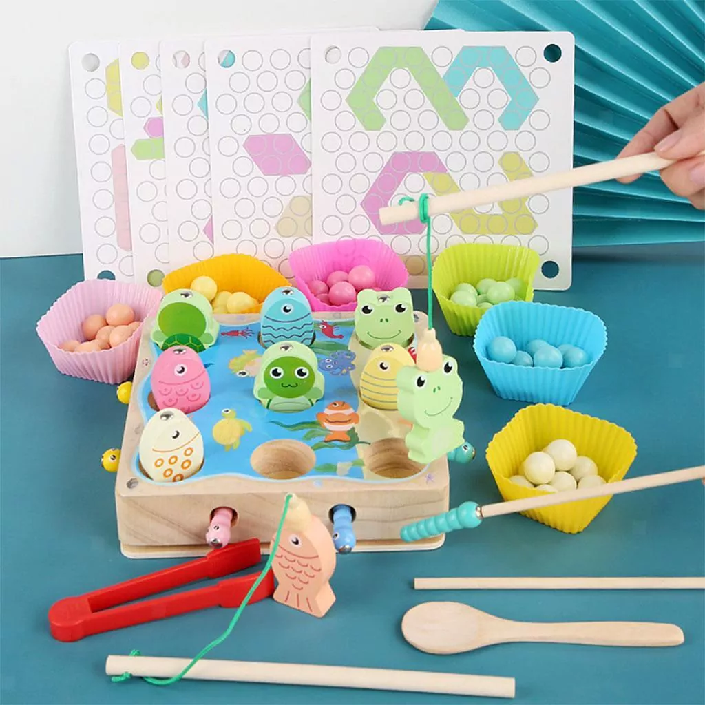 Jocuri educative (3 ani +) - Joc magnetic 4 in 1, pescuit, sortare culori, Montessori