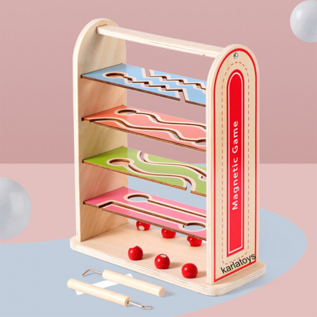 Masinute si Trenulete (3 ani+) - Joc Lemn Interactiv Circuit cu Bile Magnetic Joc magnetic