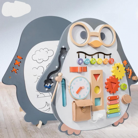 REDUCERI - Joc Montessori Busy Board Pinguin 2 in 1 cu Tabla alba de desen