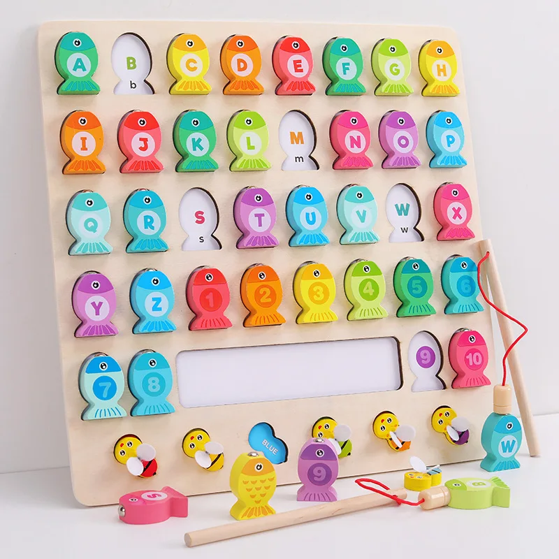 Table educative (3 ani +) - Joc Montessori din lemn Alfabetul Pescuit Magneti cAlbinute