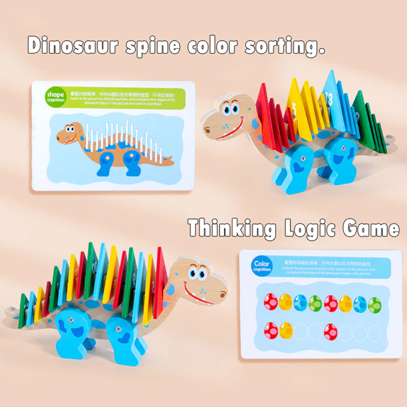 Joc Puzzle Montessori  Lemn  Potrivire si Sortare Culori Carduri Dinozaur [2]