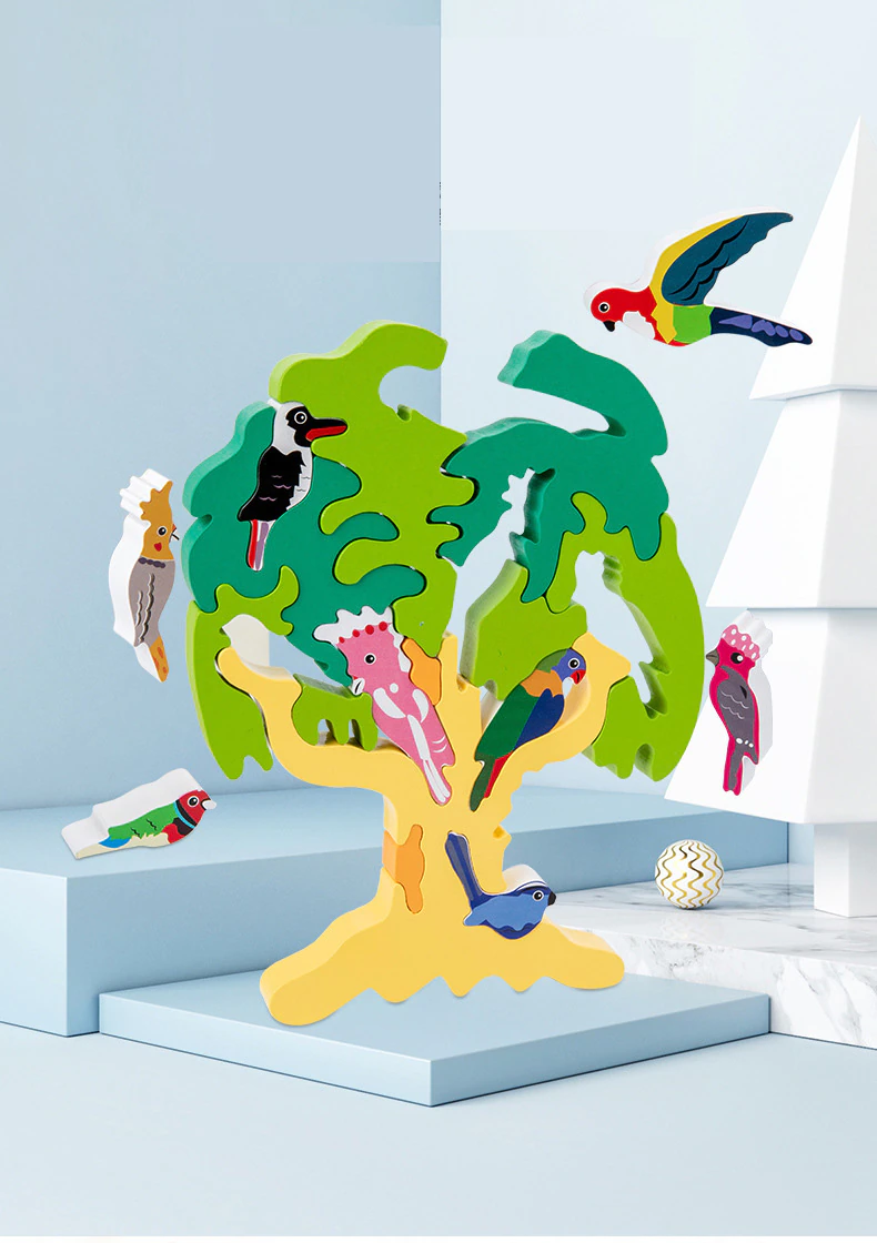 REDUCERI - Joc Puzzle Montessori 3D Copacul cu Pasari – Puzzle Educativ din Lemn