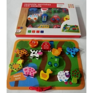 Jucarii din lemn si Montessori - Joc Puzzle Gros din Lemn de insiruit  Animale sau Masinute