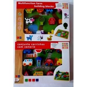 Jucarii din lemn si Montessori - Joc Puzzle Gros din Lemn de insiruit  Animale sau Masinute