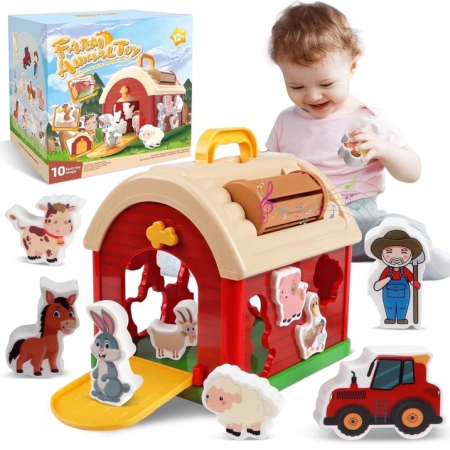 Jucarii din Lemn & Montessori - Joc Sortare Forme Hambar Animale Ferma, 10 Piese, Educativ, 18 Luni+