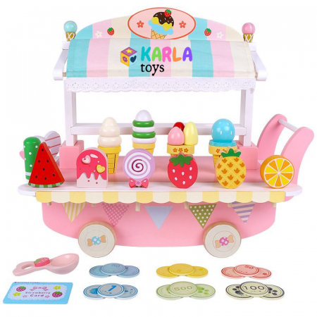 Jocuri creative (3 ani +) - Jucarie de lemn Carucior cu Inghetata cu accesorii incluse