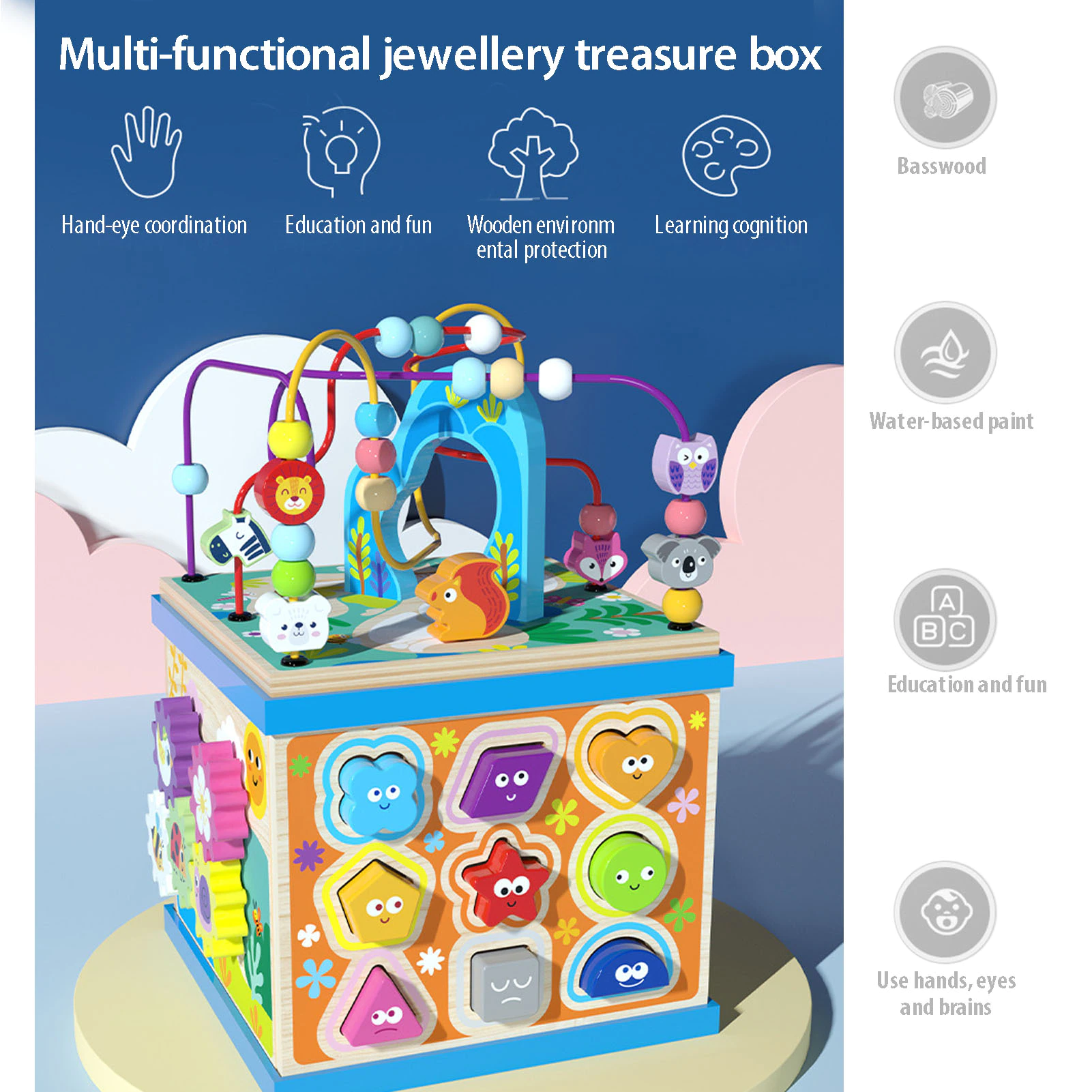 Jucarie educativa Montessori Cub din lemn multifunctional 5 in 1 [2]