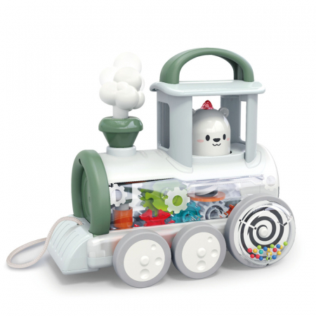 Masinute si Trenulete (3 ani+) - Jucarie interactiva de tras Locomotiva cu mecanism Steam Hola Toys
