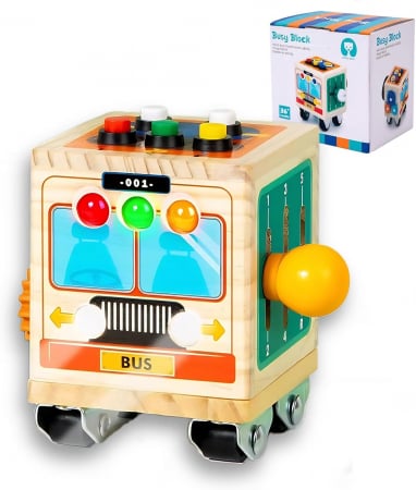 Jocuri educative (3 ani +) - Jucarie Montessori Cub de Activitate Senzoriala din Lemn cu LED si Volan