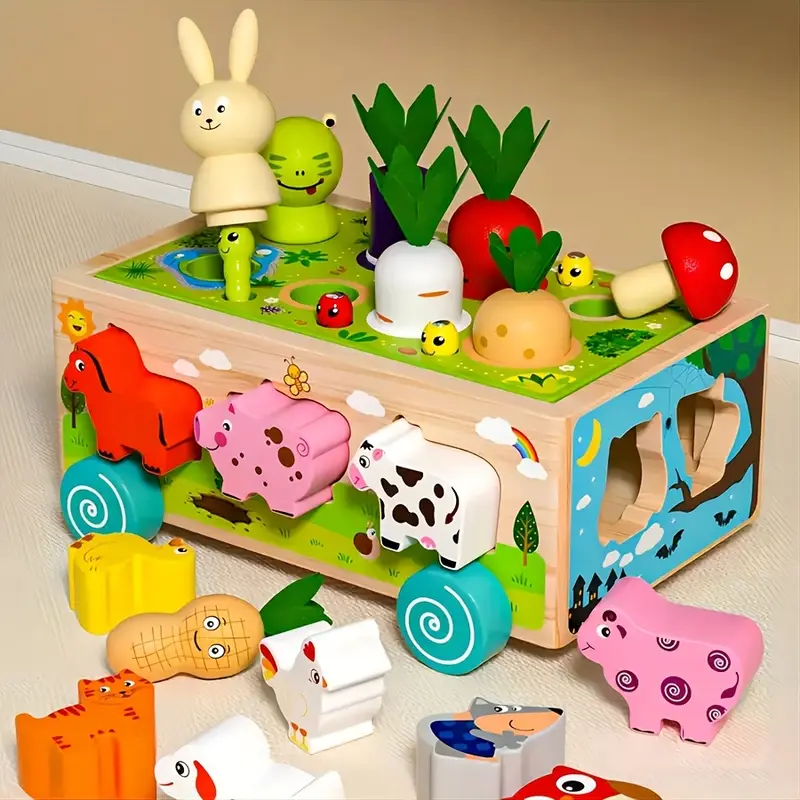 Jocuri creative (3 ani +) - Sortator de forme Montessori din lemn cu morcovi, animale si numere, jucarie educativa
