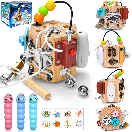Jocuri educative (3 ani +) - Jucării din Lemn Montessori pentru Copii - Cub Senzorial Busy Board