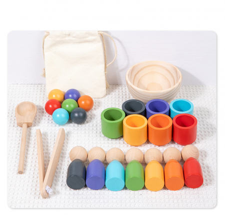 Jocuri creative (3 ani +) - Jucarii Montessori din Lemn - Set de Sortare a Culorilor cu Cupe si Bile pentru Copii