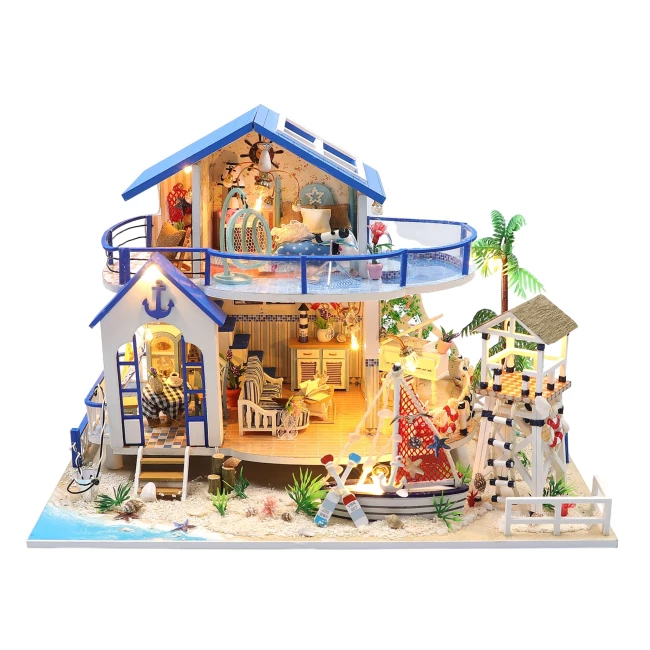 Papusi -Casute- Masute infrumusetare ( 3 ani +) - Kit Casa de Plaja in Miniatura DIY – Vila Artizanala cu Mobilier si Lumini LED