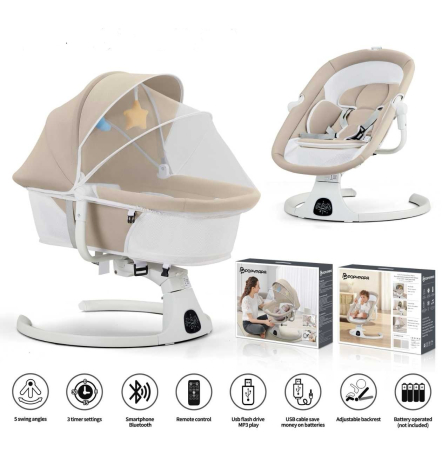 Camera copilului - Leagan Electric pentru Bebelusi Bej 2 in 1 – Balansoar, Functie Muzicala, Bluetooth, Telecomanda