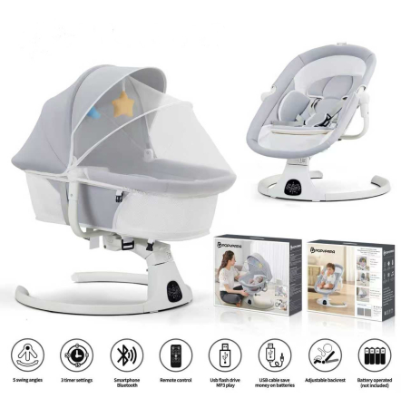 Camera copilului - Leagan Electric pentru Bebelusi Gri cu Alb 2 in 1 – Balansoar, Functie Muzicala, Bluetooth, Telecomanda