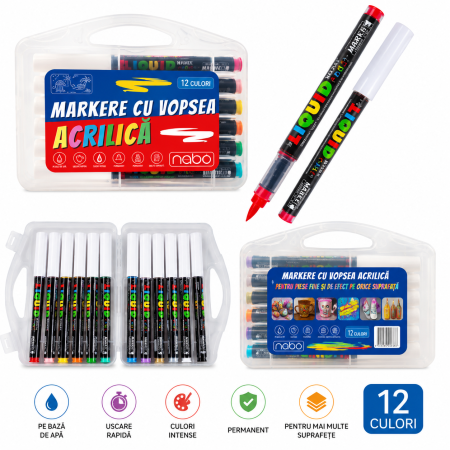 Accesorii de Scoala - Markere cu Vopsea Acrilica, 12 Culori/Set, Nebo