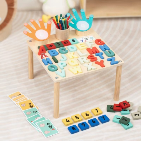 Jucarii din Lemn & Montessori - Masuta Educationala Montessori Lemn, Alfabet  Matematica 3-6 Ani