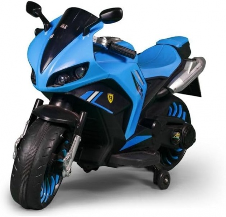Motociclete electrice  copii - Motocicleta Electrica Copii 12V  – Albastra, LED, Roti Ajutatoare, USB & Sunete