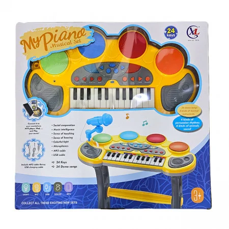Pian electronic copii cu 24 de clape, 4 tobe, microfon si scaun [1]
