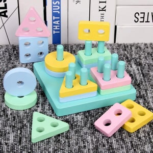 Jocuri educative (3 ani +) - Set 2 Sortator Culori din Lemn Pastel 4 coloane