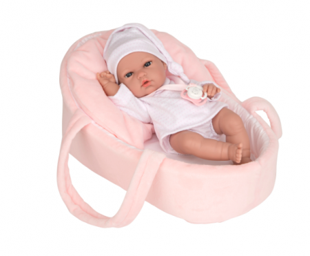 Papusi -Casute- Masute infrumusetare ( 3 ani +) - Papusa Arias cu suzeta si port bebe, bebelus Natal, 33 cm, miros de vanilie, roz
