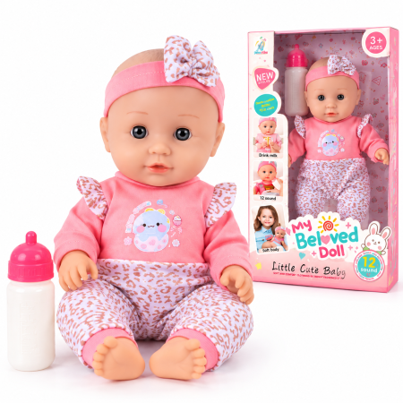 Papusi, Casute si Seturi de Infrumusetare (3 Ani+) - Papusa Bebelas Soft 30 cm, 12 Sunete, Ochi 3D, Biberon