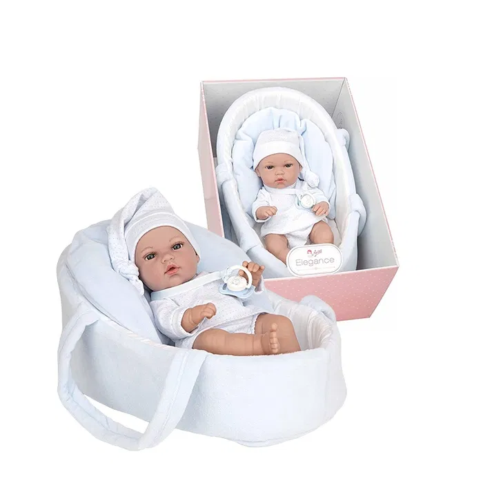 Papusi -Casute- Masute infrumusetare ( 3 ani +) - Papusa Arias cu suzeta si port bebe, bebelus Natal, 33 cm, miros de vanilie, albastru