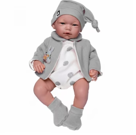 Papusi -Casute- Masute infrumusetare ( 3 ani +) - Bebelus Reborn Guca, Aaron, 46 cm cu jacheta gri