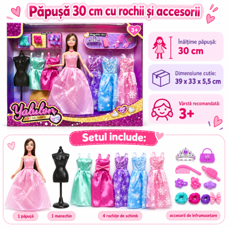 Papusa Fashion 30 cm, Set cu 5 Rochii si Accesorii [1]
