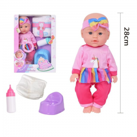 Papusi -Casute- Masute infrumusetare ( 3 ani +) - Papusa bebelus cu accesorii, pampers, olita, biberon, 28 cm