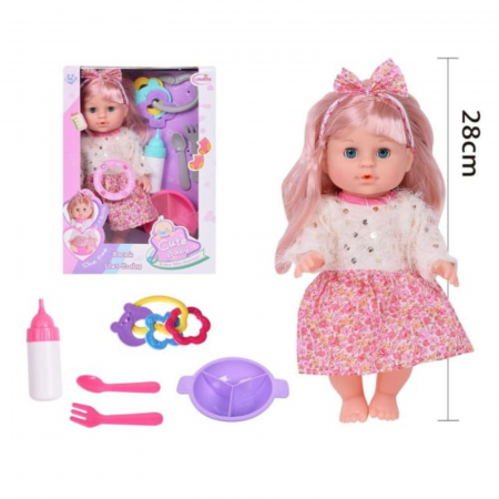 Papusi -Casute- Masute infrumusetare ( 3 ani +) - Papusa Mia cu par roz cu accesorii pentru masa, 28 cm
