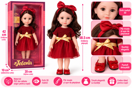 Papusa Jelena 38,5 cm, 100% PVC, Rochita Rosie, Funda [1]