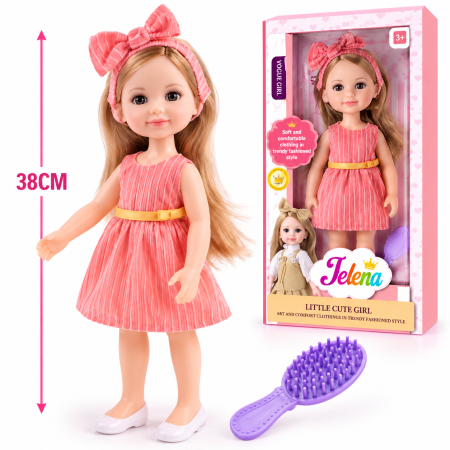 Papusi, Casute si Seturi de Infrumusetare (3 Ani+) - Papusa Jelena 38 cm, Rochita cu Dungi, Bentita, Perie Inclusa