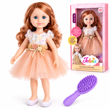 Păpuși, Căsuțe și Seturi de Înfrumusețare (3 Ani+) - Papusa Jelena 38 cm, Rochita Tul Somon, cu Perie Inclusa