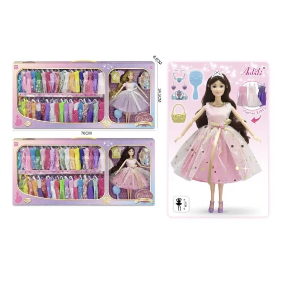 Papusi -Casute- Masute infrumusetare ( 3 ani +) - Papusa Printesa Fashion cu 36 Rochii si Accesorii – Set Deluxe Joc de Rol Educativ