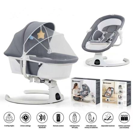 Balansoare /Scaune Bebe - Leagan Electric pentru Bebelusi Gri 2 in 1 – Balansoar, Functie Muzicala, Bluetooth, Telecomanda