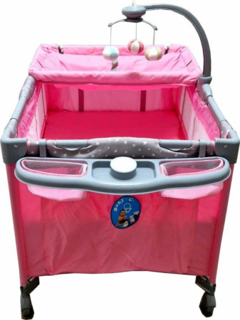 Patut Pliabil Copii Baby Care Roz – 2 Nivele, Melodii, Masa Infasat, Carusel Jucarii, Plasa Insecte [1]