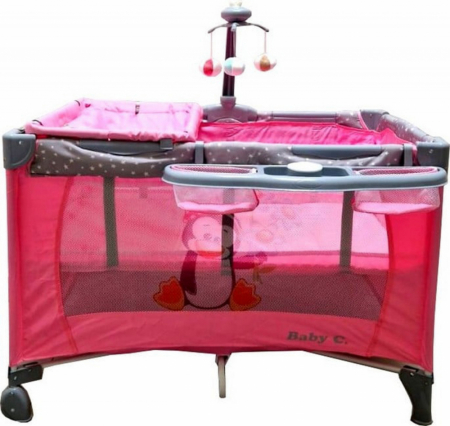 Camera copilului - Patut Pliabil Copii Baby Care Roz – 2 Nivele, Melodii, Masa Infasat, Carusel Jucarii, Plasa Insecte