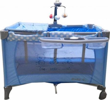 Camera copilului - Patut Pliabil Copii Baby Care Albastru – 2 Nivele, Melodii, Masa Infasat, Carusel Jucarii, Plasa Insecte