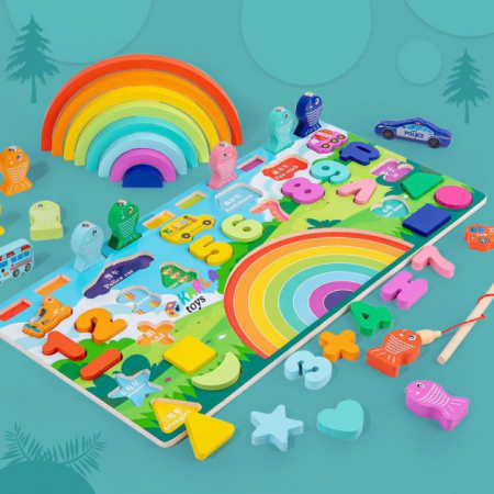 Jucarii din lemn si Montessori - Joc Montessori Logaritmic 5 in 1 Puzzle Cifre Joc pescuit Curcubeu