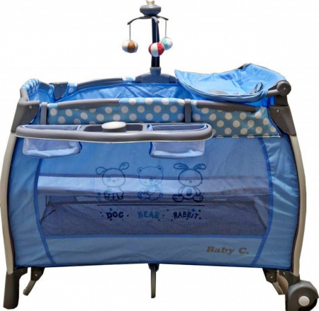 Patuturi copii - Patut pliabil Baby Care Albastru – 2 Nivele, Balansoar, Muzica, Carusel, Plasa insecte, Masa infasat