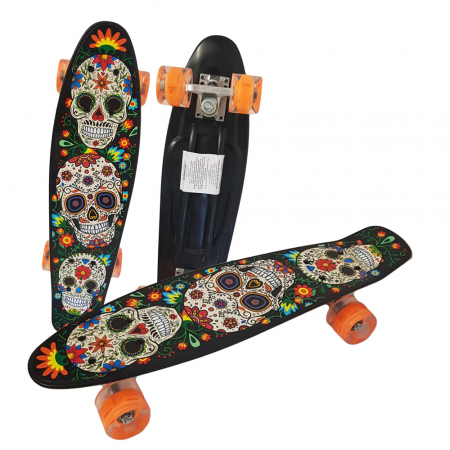 Skateboard si Penny board - Penny Board cu roti de silicon si lumini cu print grafic Cranii si flori