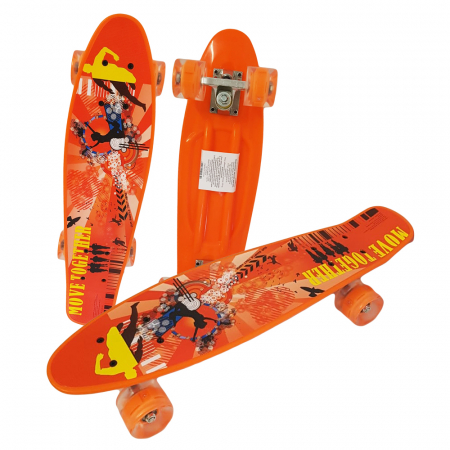 Skateboard si Penny board - Penny Board cu roti de silicon si lumini cu print grafic Move Together Portocaliu