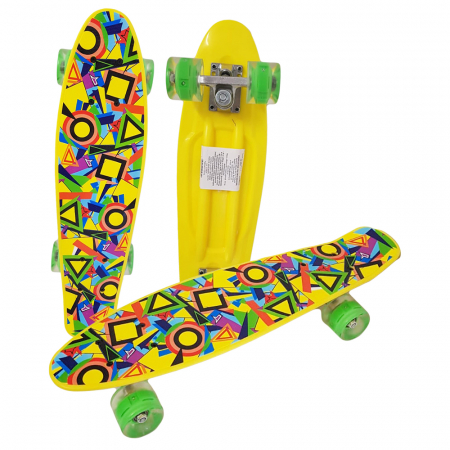 Skateboard si Penny board - Penny Board cu roti de silicon si lumini cu print grafic geometric galben