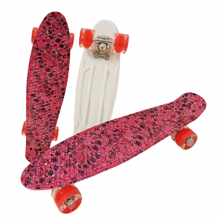 Skateboard si Penny board - Penny Board cu roți de silicon și lumini integrate, rosu cu imprimeu cu cranii