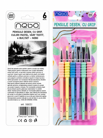 Accesorii de Scoala - Pensule Desen cu Grip, Culori Pastel, 6 buc/set, Nebo