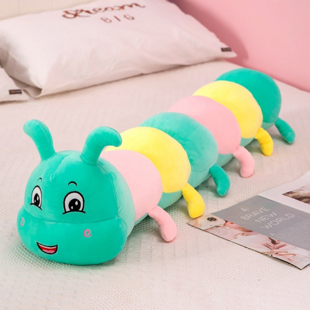Jucarii din Plus - Mascote din Plus(3 ani +) - Perna Lunga plus Omida vesela Colorata Verde 80 cm