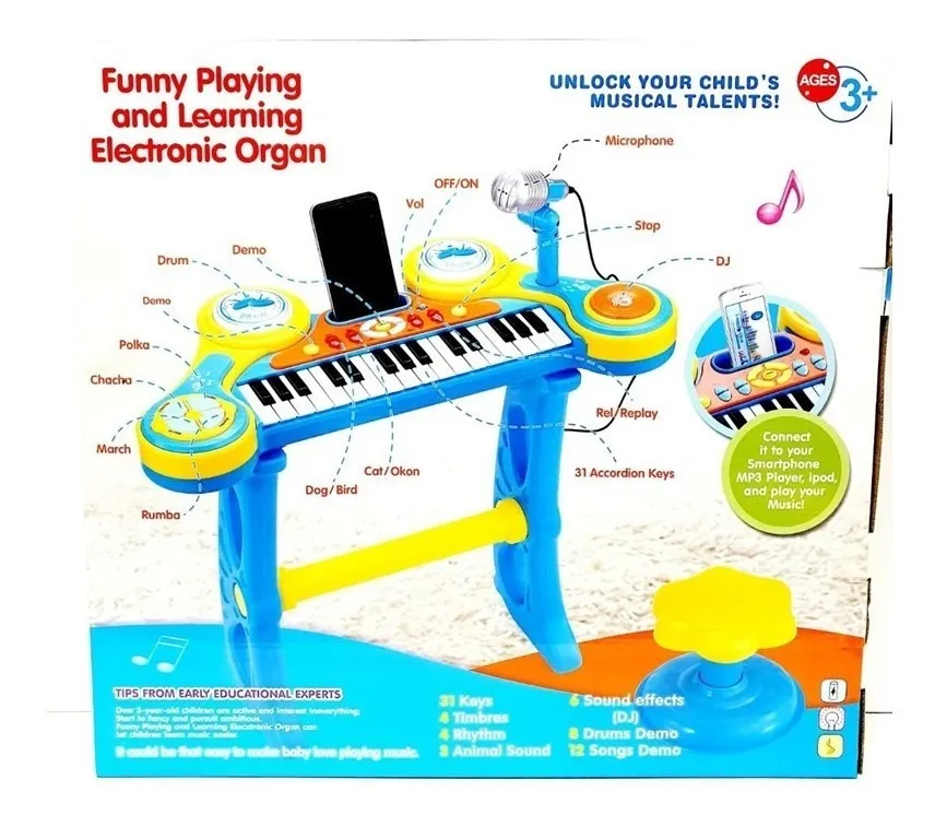 Jocuri creative (3 ani +) - Pian Multifunctional pentru Copii cu Scaun si Microfon – Karaoke si Efecte Sonore